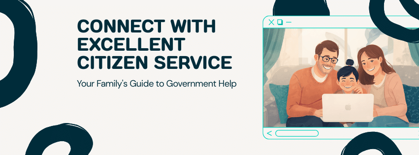 A smiling family on a video meeting with a government service representative from home